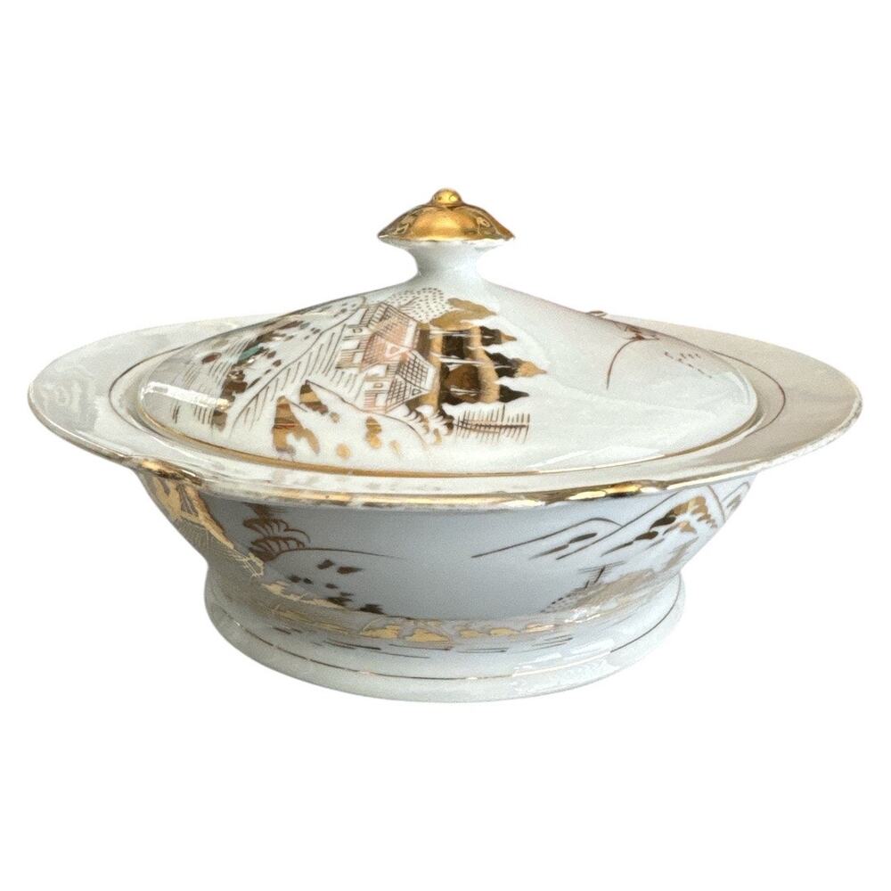 Japanese Kutani Serving Bowl with Lid White Gold - Picture 6 of 10